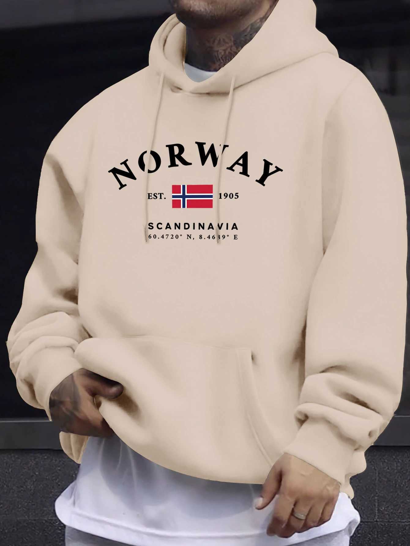 Norway Sandinavia Letter And Flag Print Men Comfy Hoodie Fleece AutumnClothes Casual Basics Tops Street Fashion Sweatshirt M260312