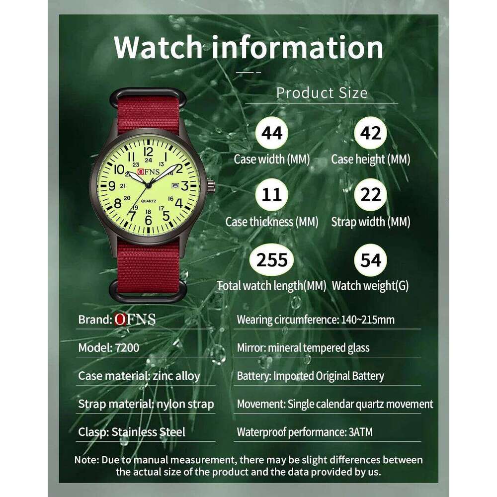 OFNS 7200 Calendar 3ATM Waterproof, Lightweight, Retro, Color Contrasting, Luxury Fashion Men's and Women's Watch