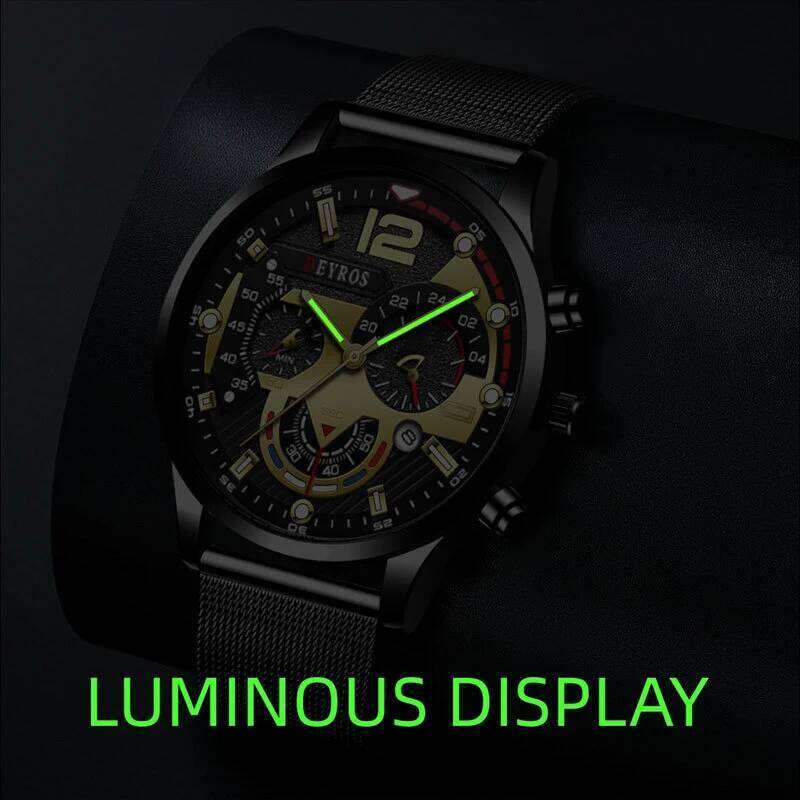3PCS Set Luxury Fashion Mens Watches Men Business Quartz Watch Male Casual Necklace Bracelet Wristwatch