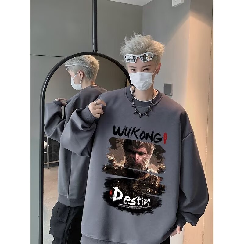 New Autumn Model Black Myth: Designer Hoodie Wukong Printed Crew Neck Sweatshirt For Men Style Burgundy Heavy Long-sleeve Base Shirt