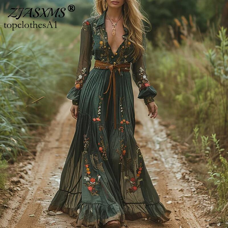 Ethnic Retro Floral Print Pleated Spring Sexy Shirt Collar Buttons Women Party Fall Long Sleeve Bohe Maxi Dress