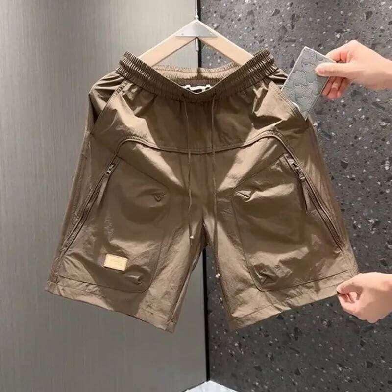 Casual Cargo Men's Multiple Zipper Pockets Loose Straight-Leg Midpants Quick Drying Oversize Elastic Waist Beach Shorts