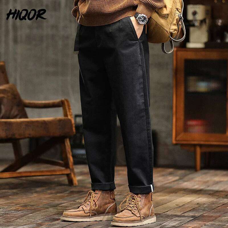 HIQOR High Quality Man Retro Cargo Pants Cotton Men's Casual Loose Fit Slimming Japanese Outdoor Workwear Khaki Long Trousers