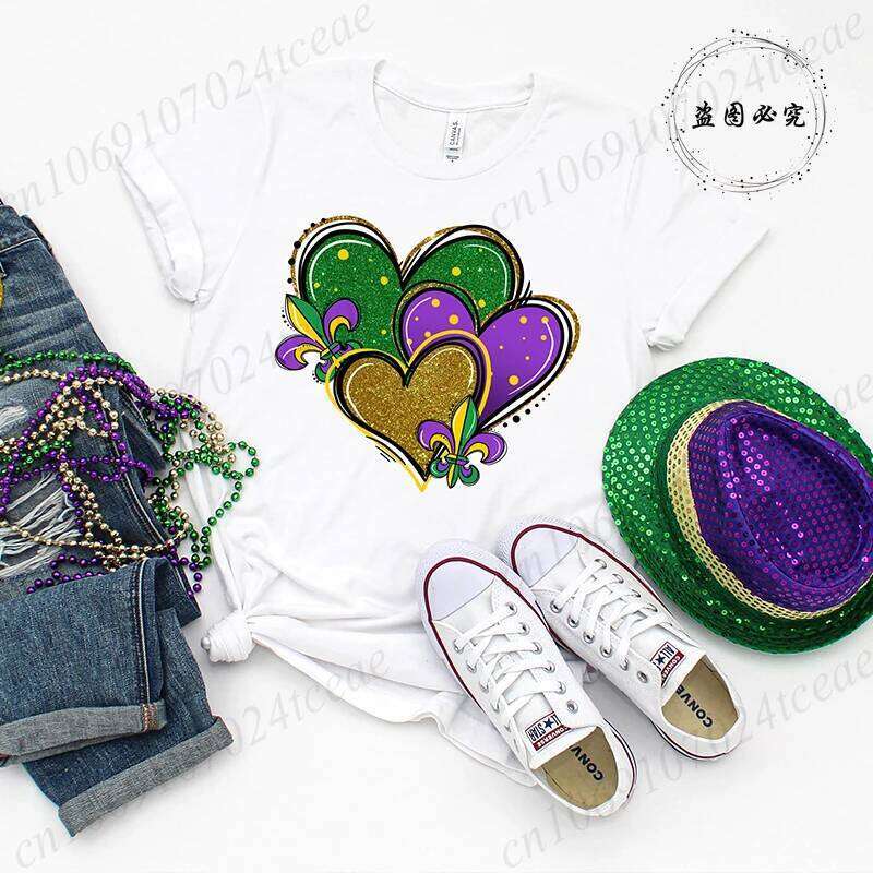 Mardi Shirt for Woman,Mardi Gras Heart T-Shirts,Fat Tuesday Shirt,short Sleeve Clothes,summer Fashion Women's T-Shirts Tops Z260312