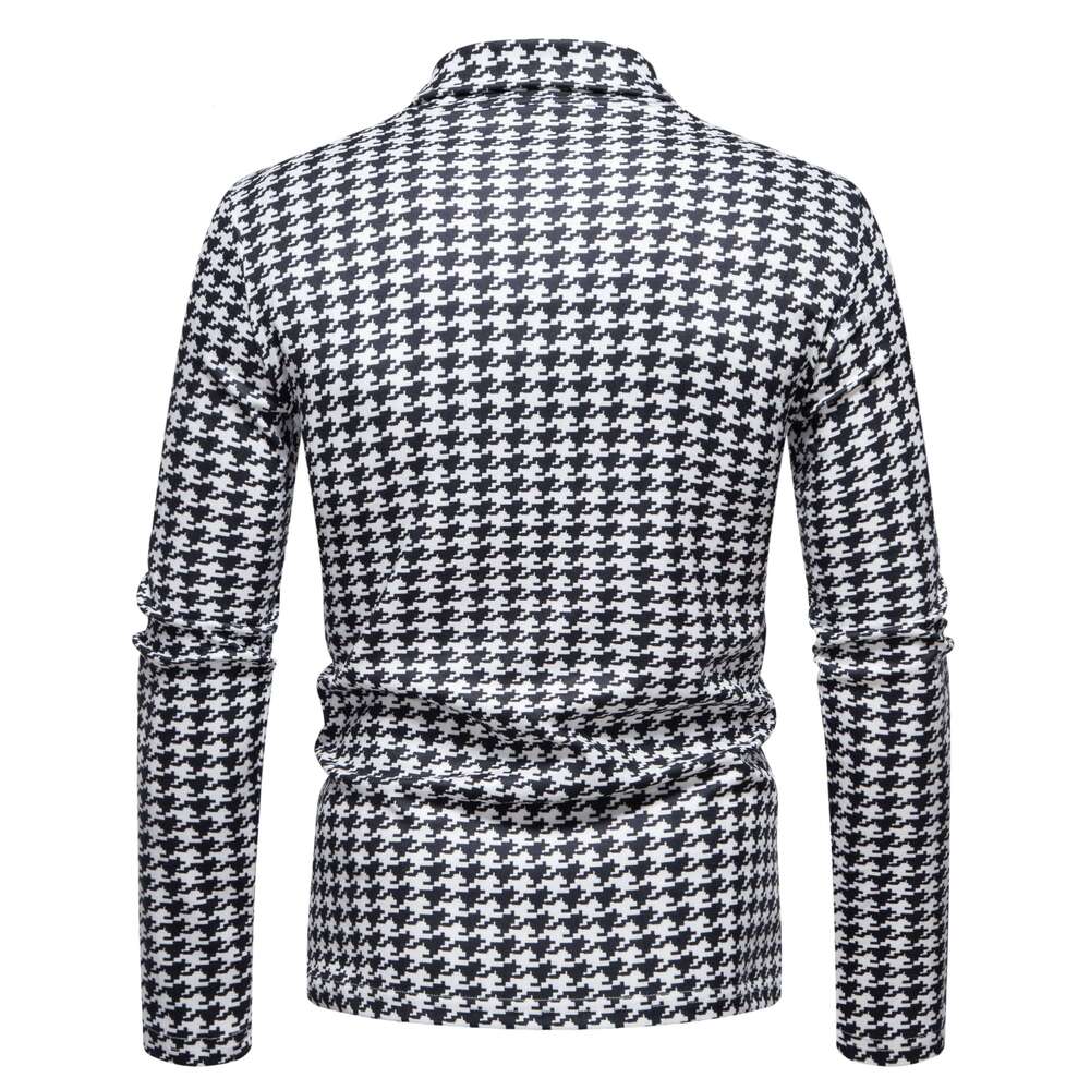 Spring and Autumn Turtleneck Houndstooth Fleece Pullover Fashion Casual High Elasticity All-match Men's Shirt