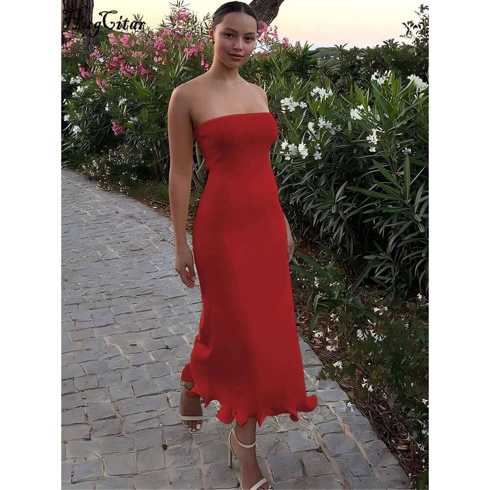 Hugcitar Elegant Solid Strapless Ruffles Sexy Bodycon Maxi Prom Dress Summer Women Fashion Y2K Outfit Birthday Party Festival C260312