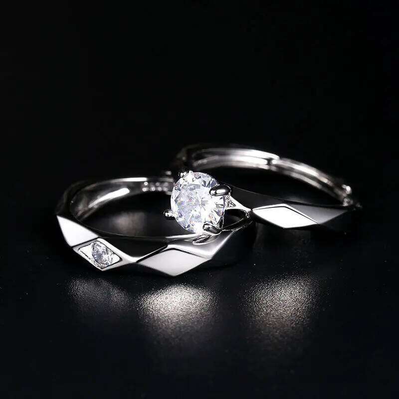 Geometric Couple's Rings For Men Women Creative Rhombus Cubic Zircon Stone Open Ring Accessories Valentine's Day Gift Jewelry W260312