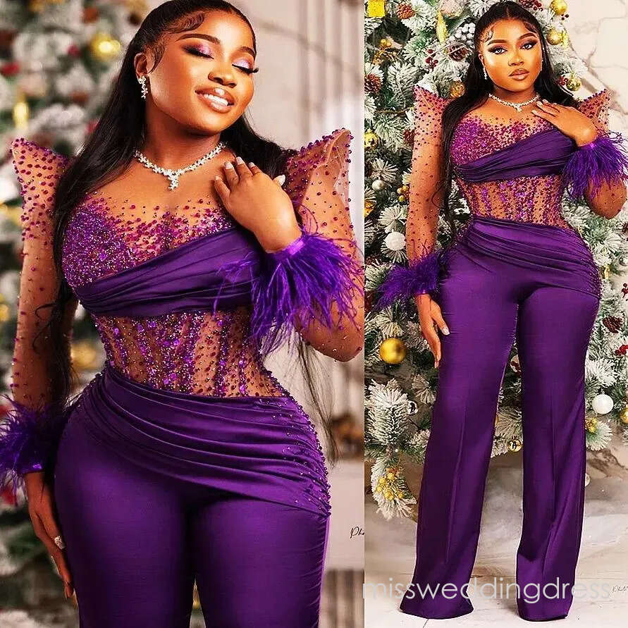 2026 Arabic Aso Ebi Purple Jumpsuits Prom Dresses Beaded Feather Evening Formal Party Second Reception Birthday Engagement Gowns Dress ZJ366
