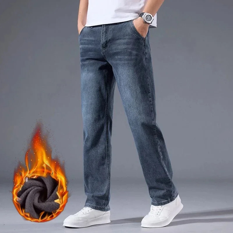 Winter Fleece Men Jeans Thick Stretch Business Casual Trousers Classic Loose Straight Warm Velvet Denim Pants Office Daily Wear 260228