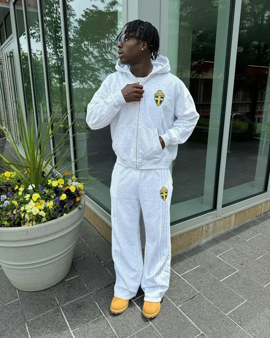 Fashion Retro Stripe Embroidery Zipper Hoodie Sweater Set Mens Two-Piece Set Hip Hood Embroidery Oversized Sweater Mens Set 260311