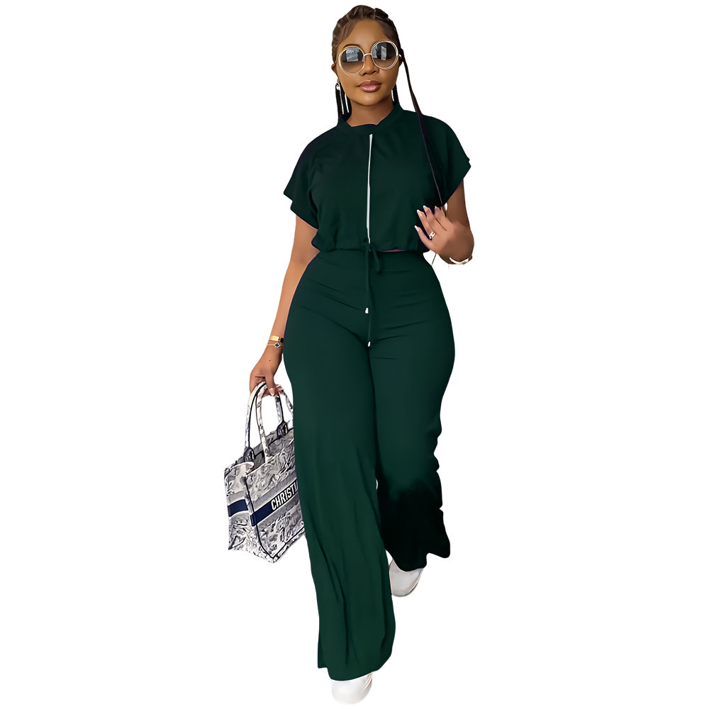 Womens Summer Drawstring Short Top and High-Waisted Slit Pants Two-Piece Set