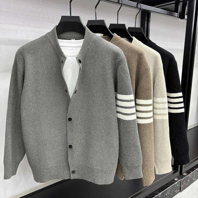 2025 Autumn/Winter Men's Fashion Striped Button-down Baseball Collar Versatile Casual Cardigan Sweater