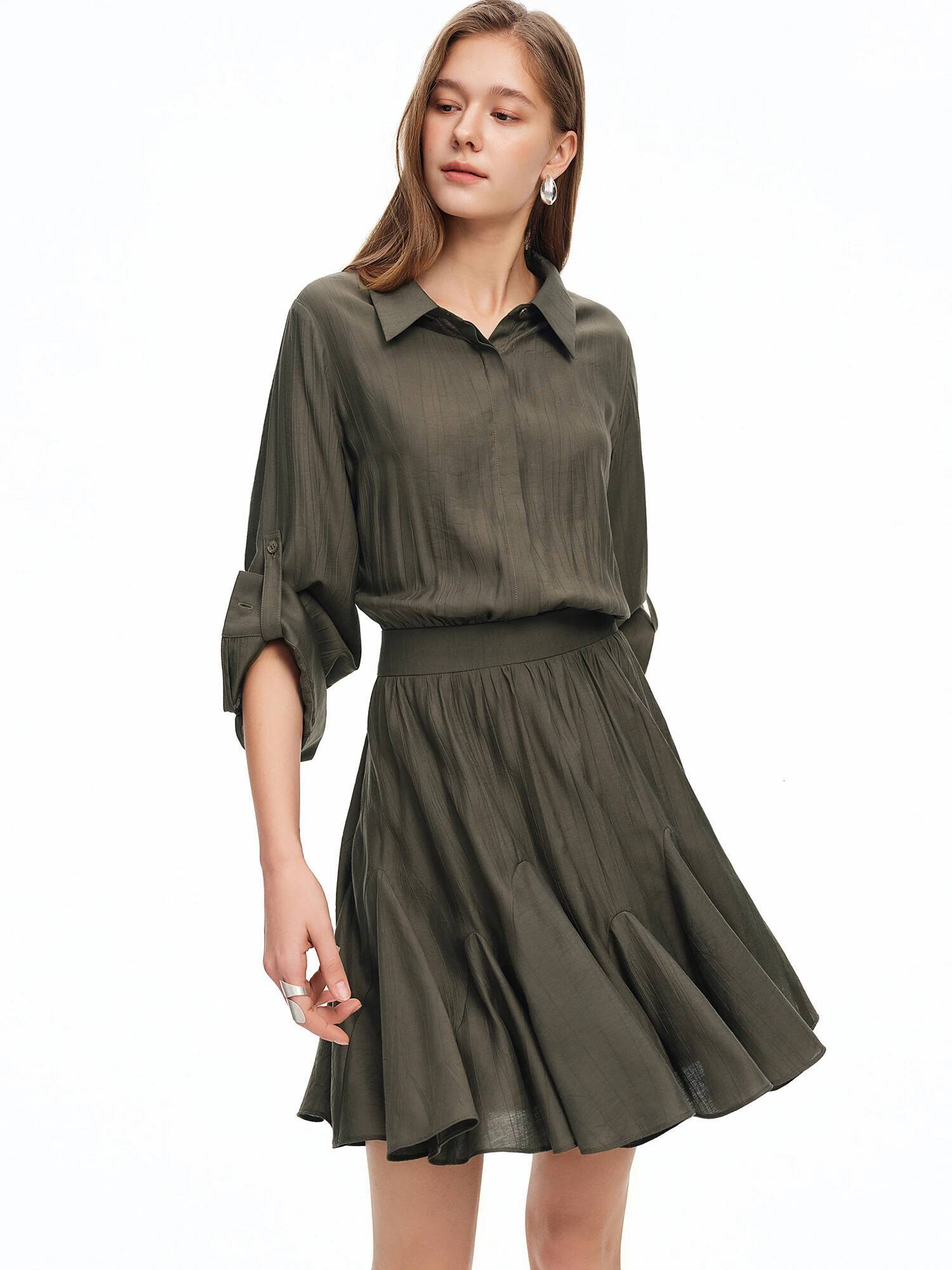 DUSHU 2026 Spring New Women's Shirt Collar Belted Midi Office Chic Wrap Dress for Effortless Elegance & Minimalist Style