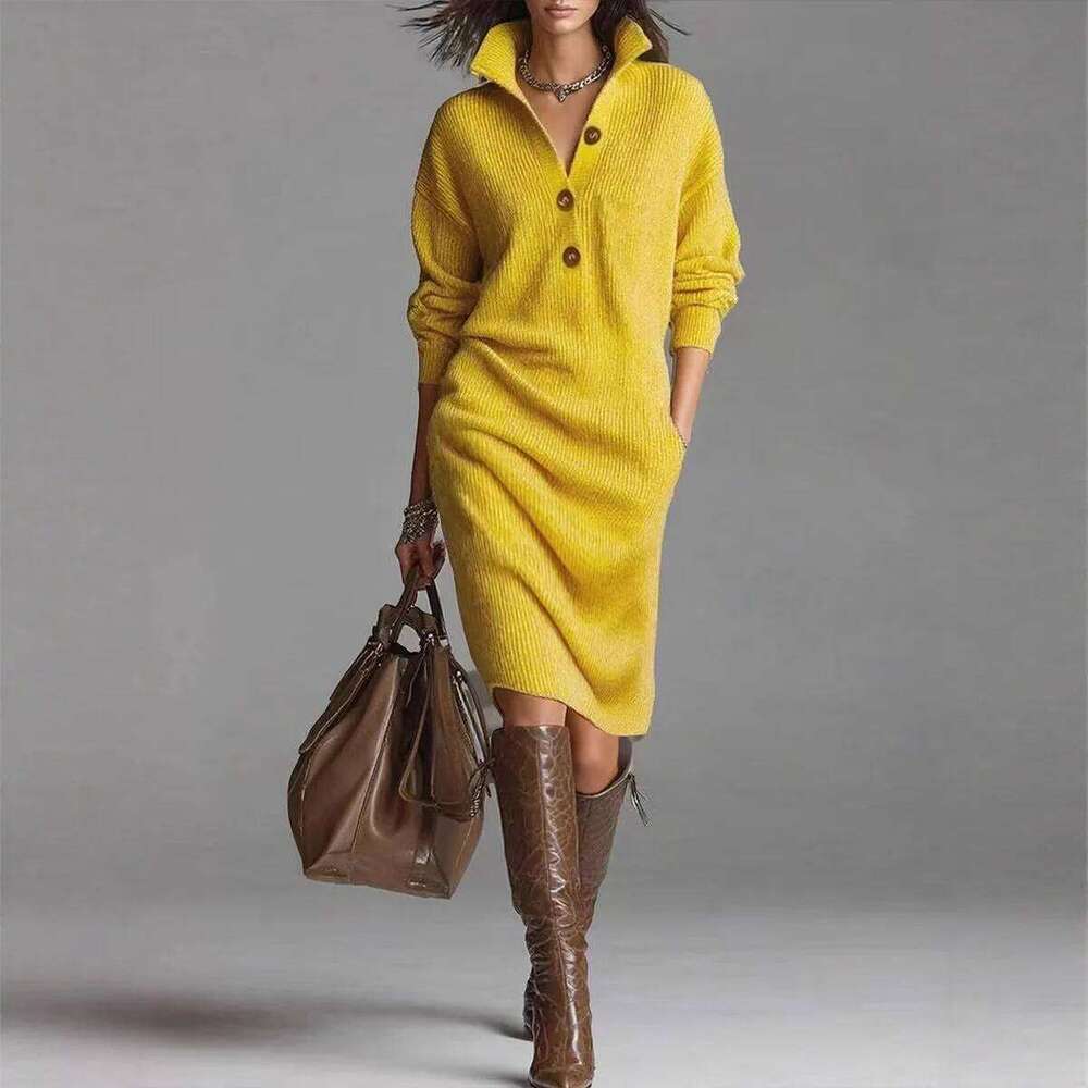 New Autumn Winter Lazy Style Knee-Length Sweater Dress Women's Loose Tall Pure Color Knitted Long Skirt Women C260312