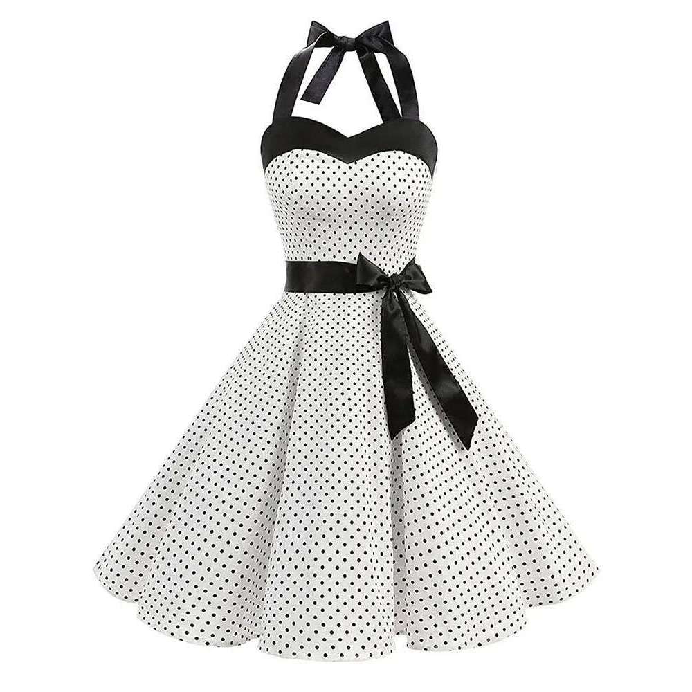 Women Polka Dot Print Summer Sexy Retro White Halter Vintage Robe Femme Pin Up Rockabilly Party Dress C260312