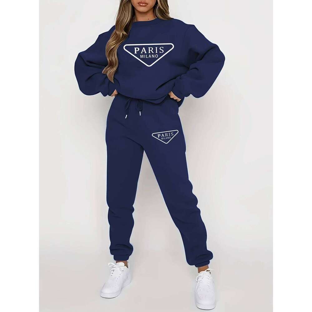 Women's autumn and winter hip-hop casual street party graphic printed round neck sports shirt+sports pants set warm clothing C260312