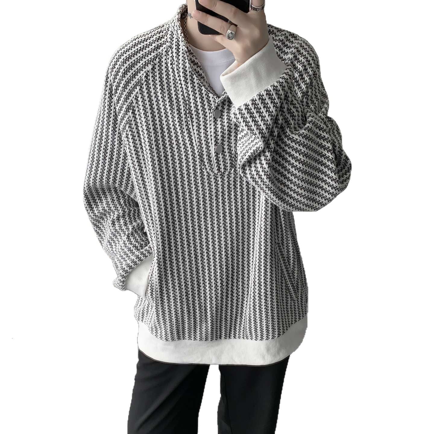 Retro Fishbone Pattern Designer Hoodie Henry Collar Long-sleeve T-shirt For Men Autumn Couple's Jacquard Sweatshirt With Polo Collar