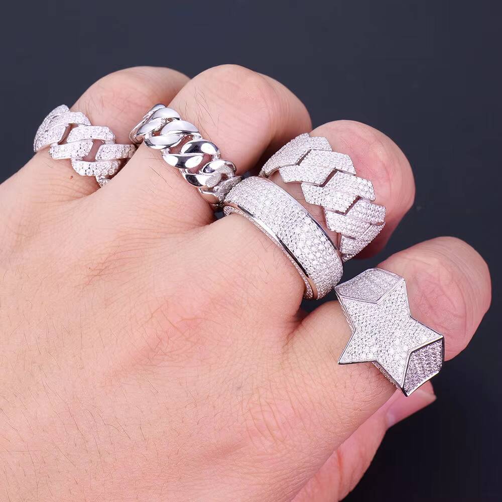 Stock Wholesale Custom Hip Hop Cluster Ring 925 Sterling Silver Full Crushed Iced Vvs Moissanite Prong Setting Men