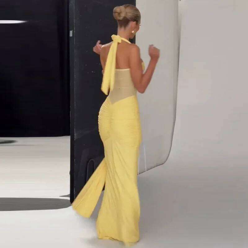 Sexy Strapless Halter Long Fashion Bandage Mesh Splice Autumn New Streetwear Evening Party Women's Dress C260312