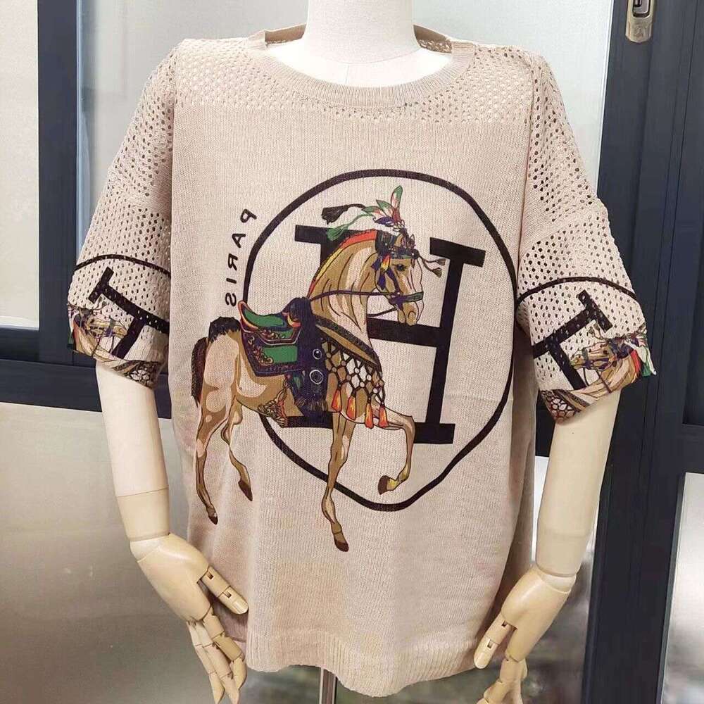 Thin Summer Heavy-Duty European-Style Rhinestone-Embellished White Printed Knitted Pullover Short-Sleeve Top Asia Size