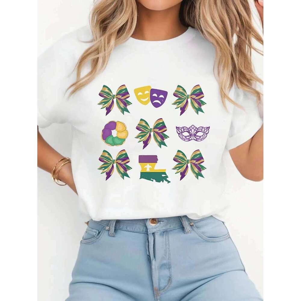 Women's Mardi Gras Bow Print T-Shirt Casual Summer Crew Neck Short Sleeve Festival Top Z260312