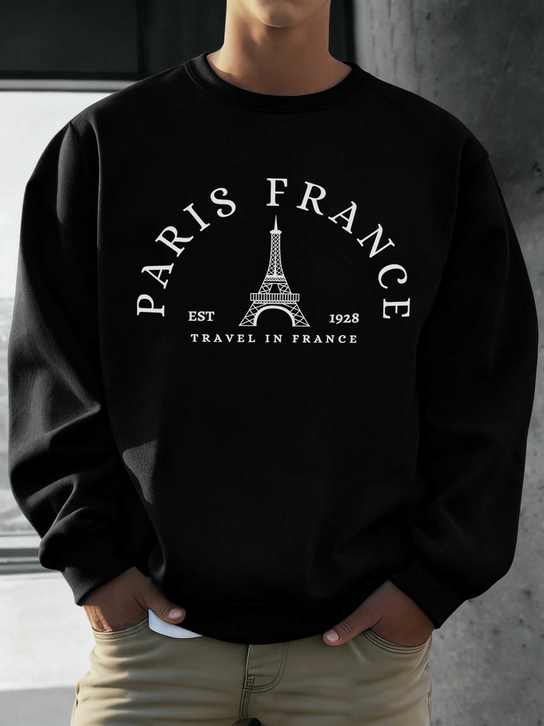 Paris France Travel In France Print Men Sweatshirt O-Neck Loose Casual Pullover All-Match Autumn Long Sleeve Warm Fleece Clothes M260312