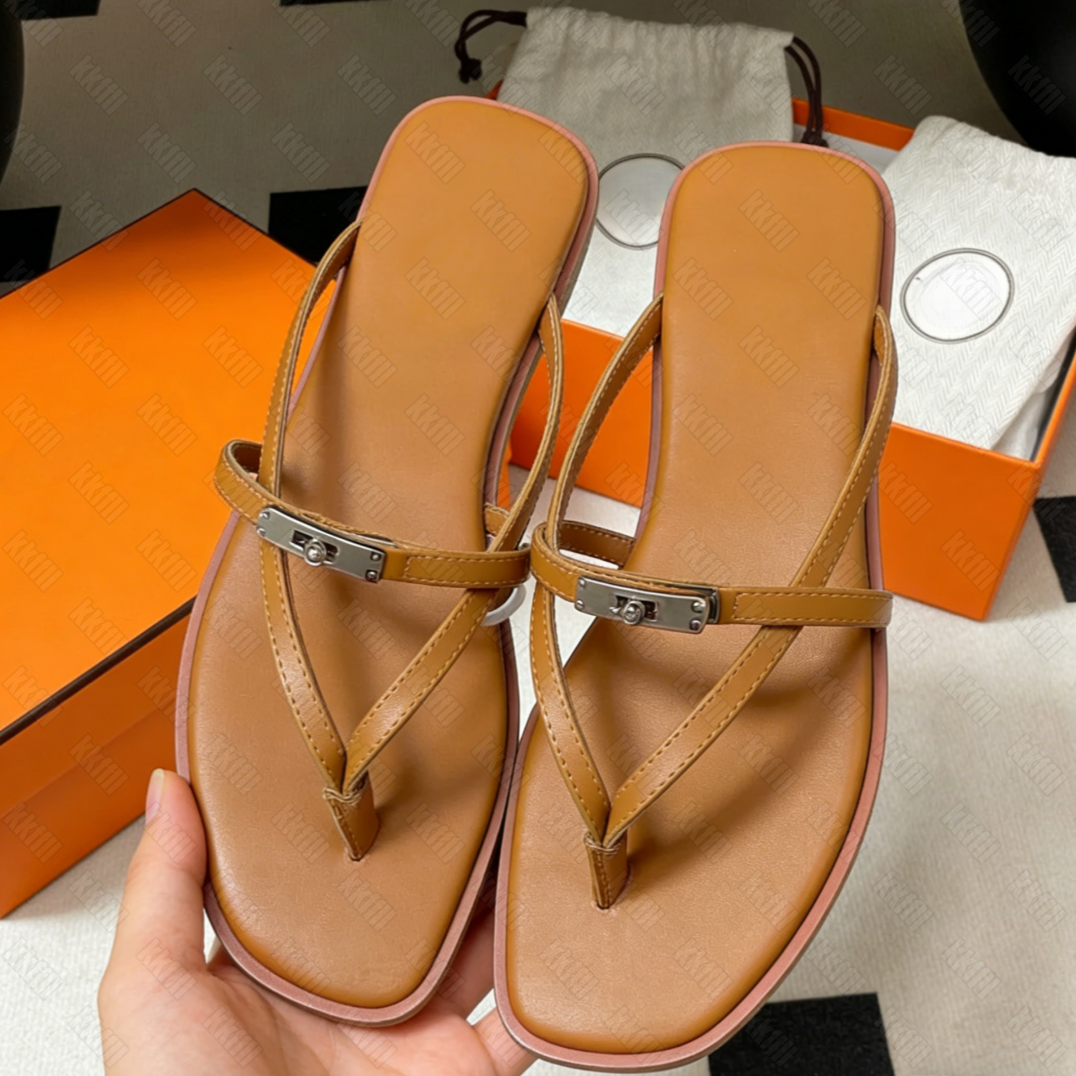 Top Luxury Women's Calfskin Leather Slide Sandals Palladium-Plated Slip On Beach Slippers Casual Walking Flats Flip Flops for Ladies 35-42