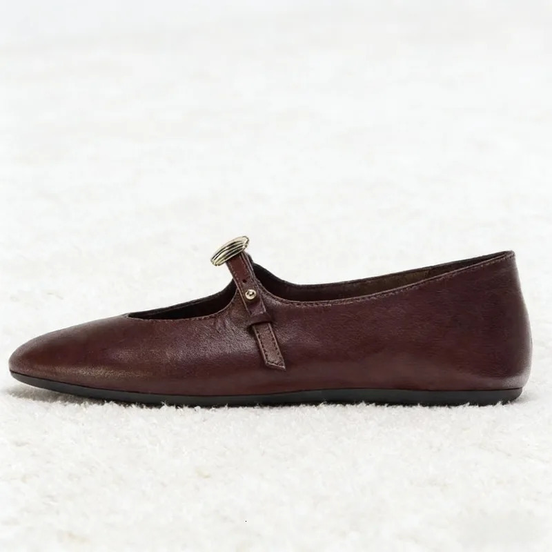 Metal Decoration Ballet Flat Retro Round Toe Soft Leather Mary Jane Shoes Light Sole Comfortable Casual 260306
