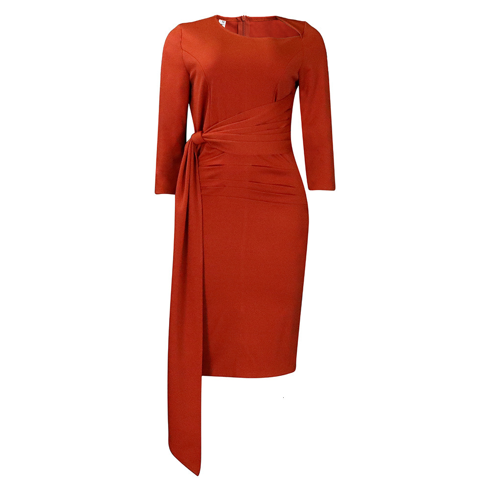 D3168 Womens Summer Office Dress Three-Quarter Sleeve Pleated Tie Professional Plus Size Dress