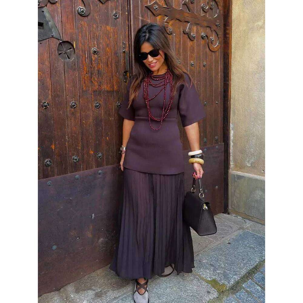 HH Women Elegant Half Sleeves O-Collar Pleated Spring Woman Rear Zipper Splicing Vintage Casual Knitted Long Dress C260312