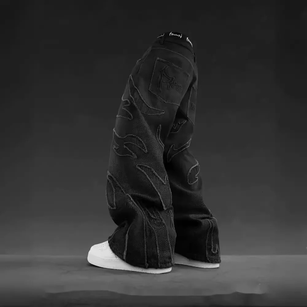 Mens Jeans Y2K Vintage Streetwear Black Wide Leg Denim Pants Ripped Patchwork Raw Hem Distressed Loose Fit Dark Punk Fashion 260310