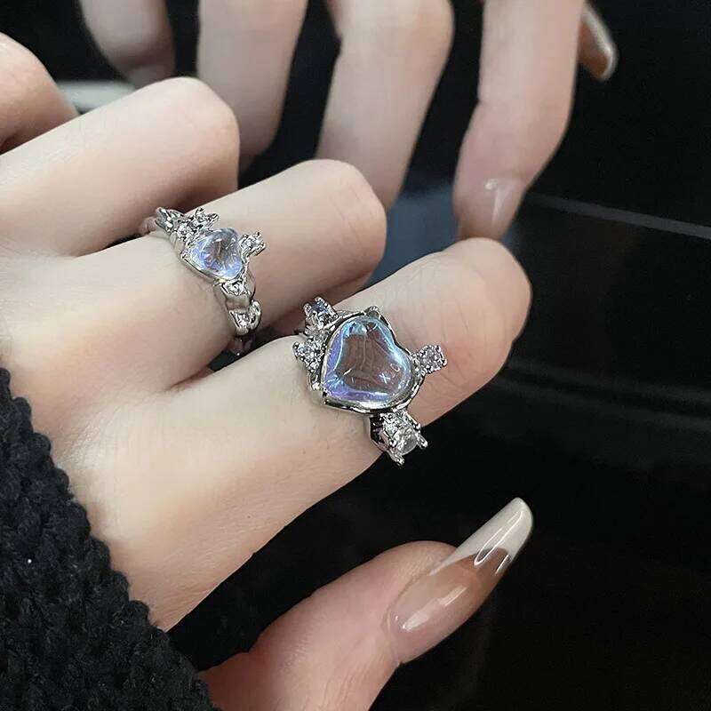 Kpop 90s Grunge Aesthetic Irregular Liquid Metal Heart Moonstone Open Ring For Women Vintage Jewelry EMO Y2K Accessories H260312