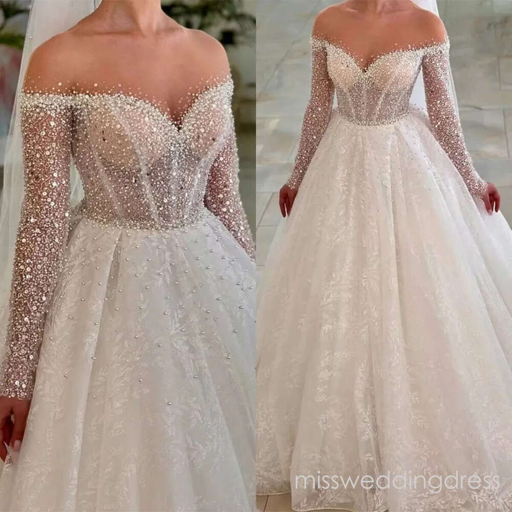 Fashion O Neck Wedding Dresses Pearls Sequins Bridal Gowns A Line Long Sleeves Appliques Princess Sweep Train Customized Vestidos De Novia Plus Size