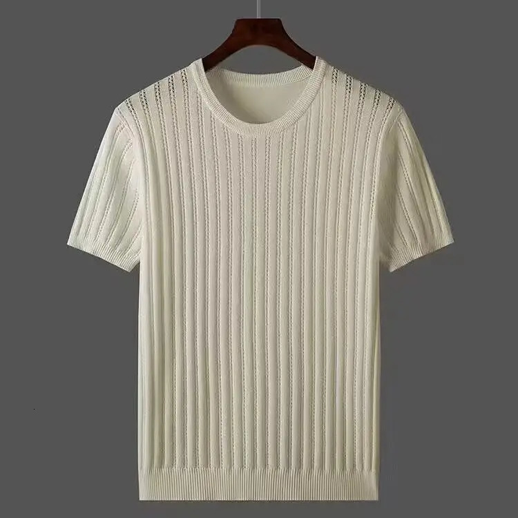 Ice Silk Spring Summer Men T-shirts Hollow Out Short Sleeve Casual T-shirt Male Fashion Slim Fit Knitted Tees W77 260311
