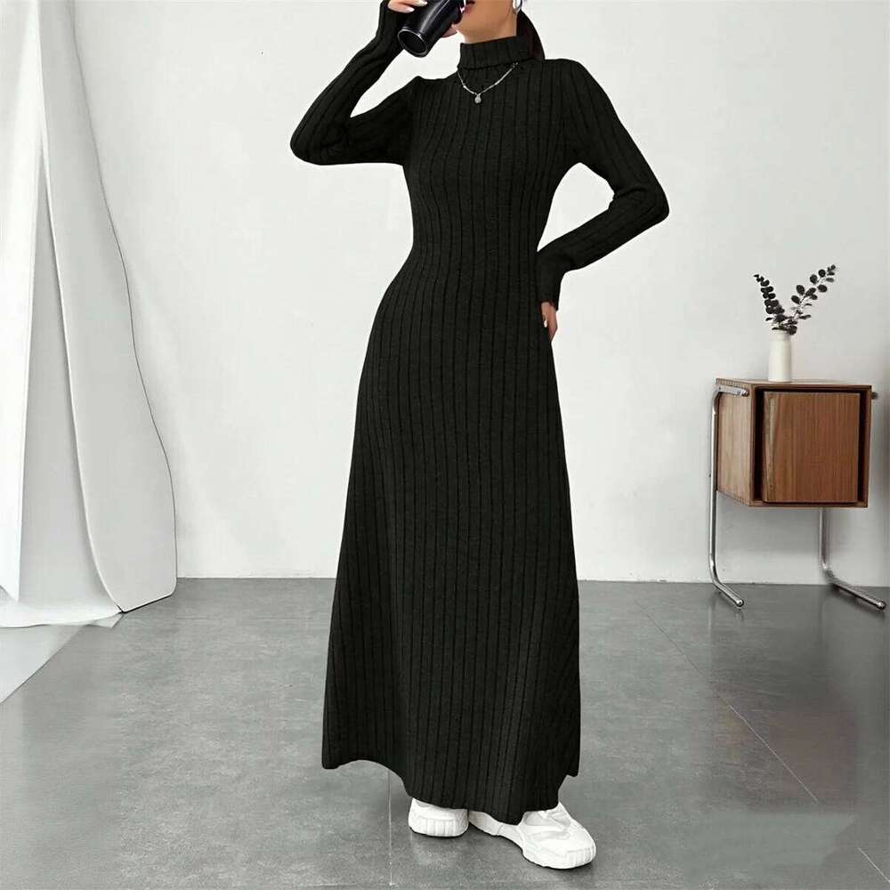 Knitted Elegant Long Sleeve Dress Women 2025 Autumn Winter Vintage Dresses Turtleneck Fashion Solid Vestidos Casual Street Y2K C260312