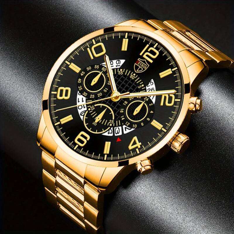 Men's Fashion 4pcs/set Quartz Watch with Date Function, Cuban Necklace, Ring and Bracelet, Thanksgiving Ideal Gifts for Men