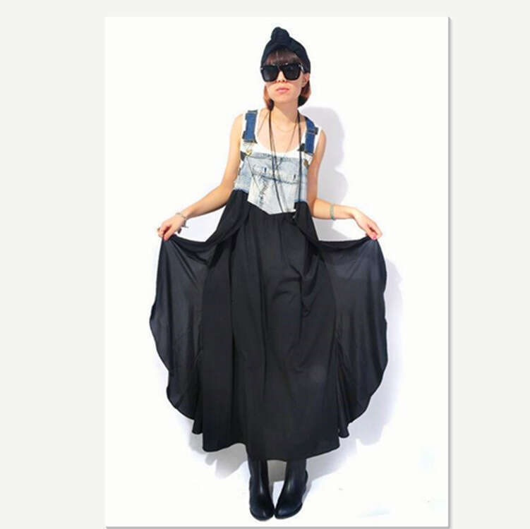 New fashion ruffled long loose-fitting European and American plus-size denim suspender skirt, large hem dress, in stock 2026
