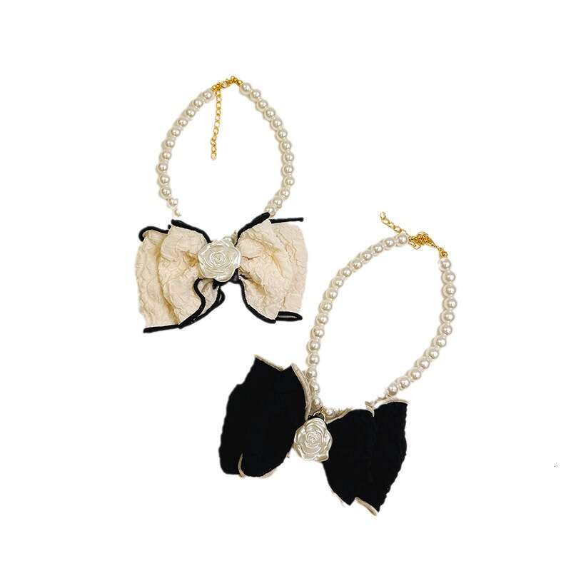 Fashion Pet Clothing Accessory French Bow Pearl Rhinestone Dog Cat Necklace For Holidays And Party Wear Adjustable Breathable Puppy Collar