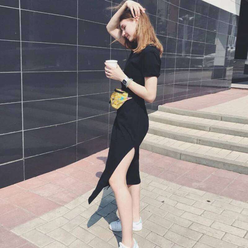 Summer Korean Style Midi Women Casual Black Long Dresses Short Sleeve Sexy Plus Size Side Open Party Maxi T Shirt Dress C260312
