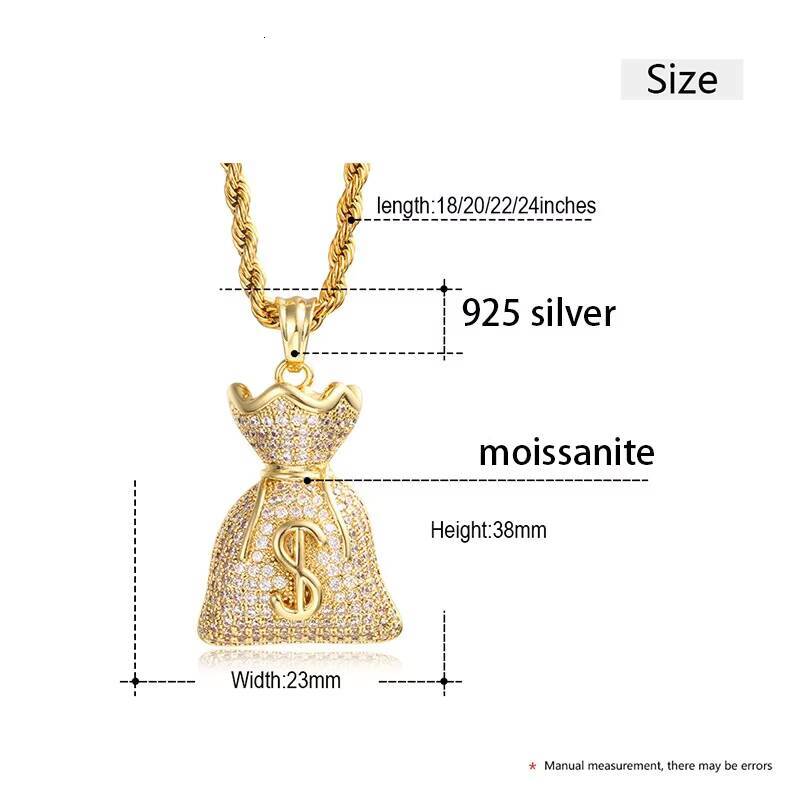 Wholesale Yellow Gold 925 Sterling Silver VVS Moissanite Diamond Solid Money Bag Pendant Luxury Dollar Charm Pendant