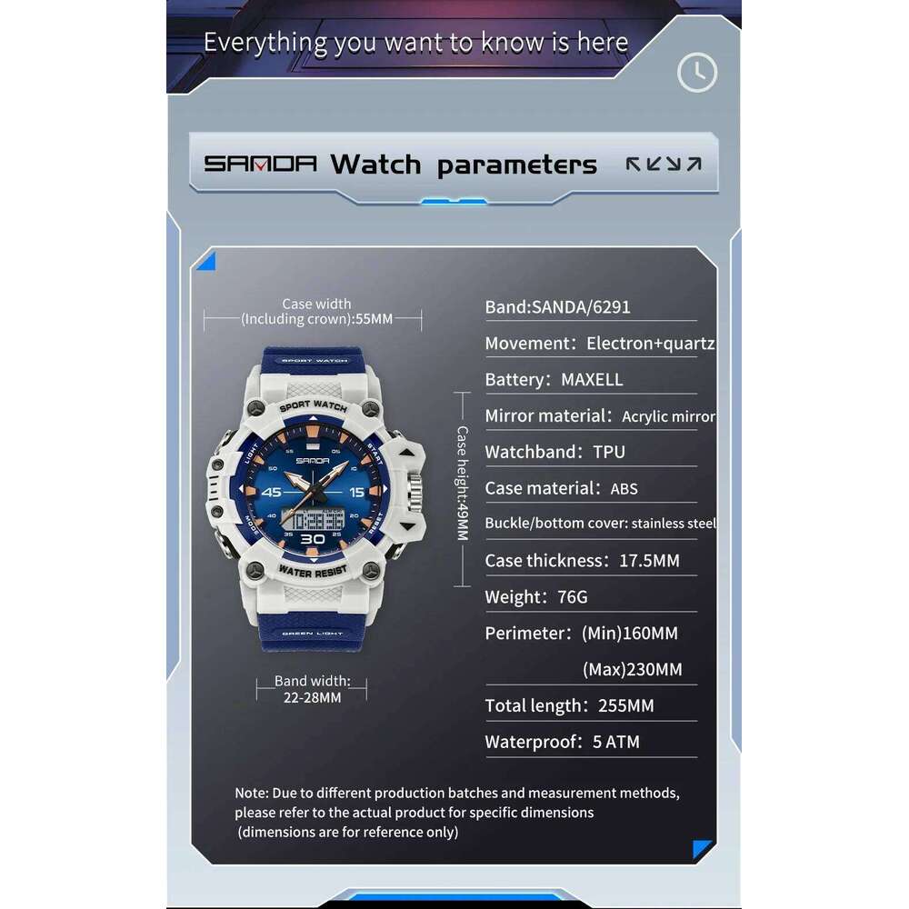 SANDA New 6291 Fashion Sports Multi functional Waterproof Timing Student Electronic Watch