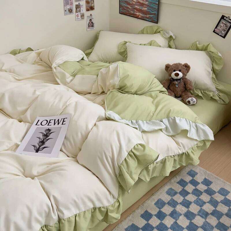 Ins Princess Bedding 2024 New Duvet Cover Fresh Blue Solid Color Floral Wrinkled Yann Set Of Four Pieces Bed Sheets H260312