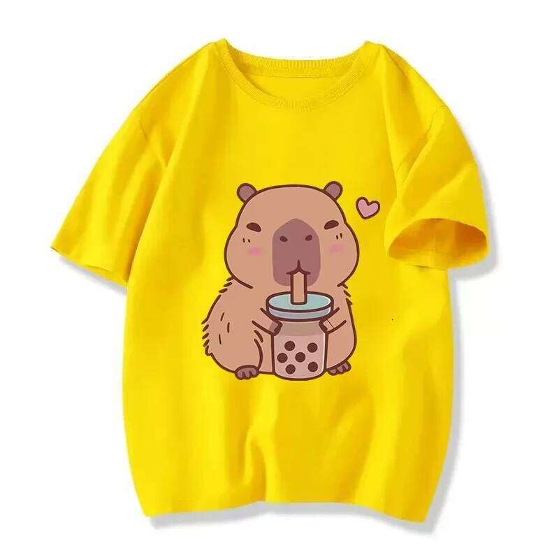 2025 Funny Capybara with Turtle Loves Bubble Milk Tea Printed T Girls/Boys Kawaii Kids Clothes Harajuku Shirt Tops Z260312