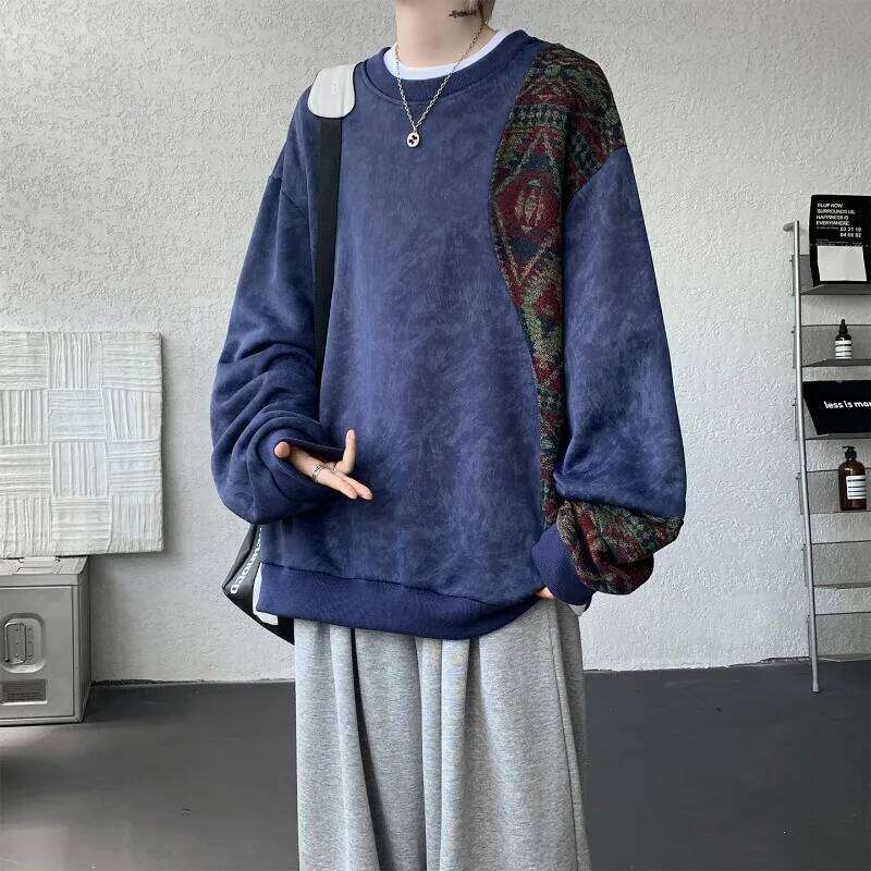 2026 New Men's Textured Print Stand Collar Henley Shirt Baggy Fit Lightweight Streetwear Top Crew Neck Sweatshirt