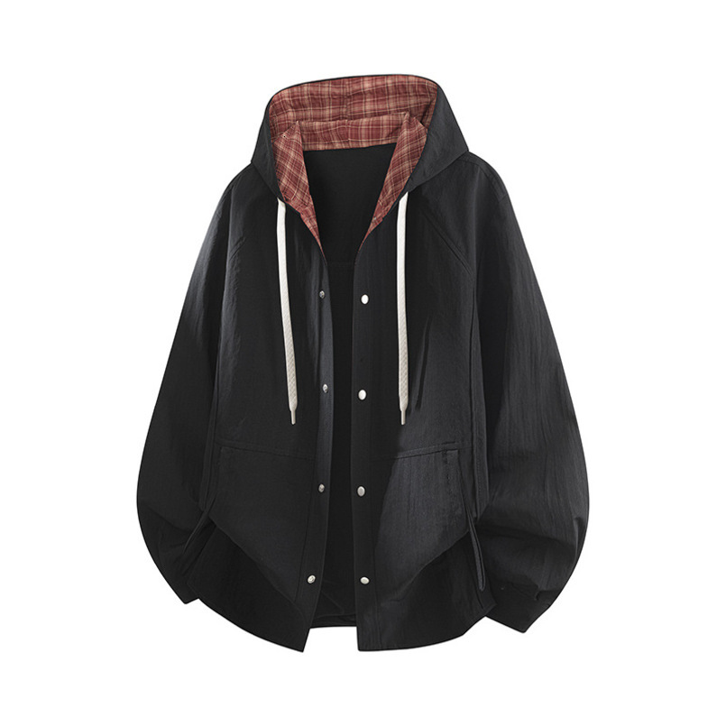 ChaoWai Spring New Japanese Style Trendy Brand Solid Color Pocket Hooded Shirt Retro Couple Casual Loose Jacket