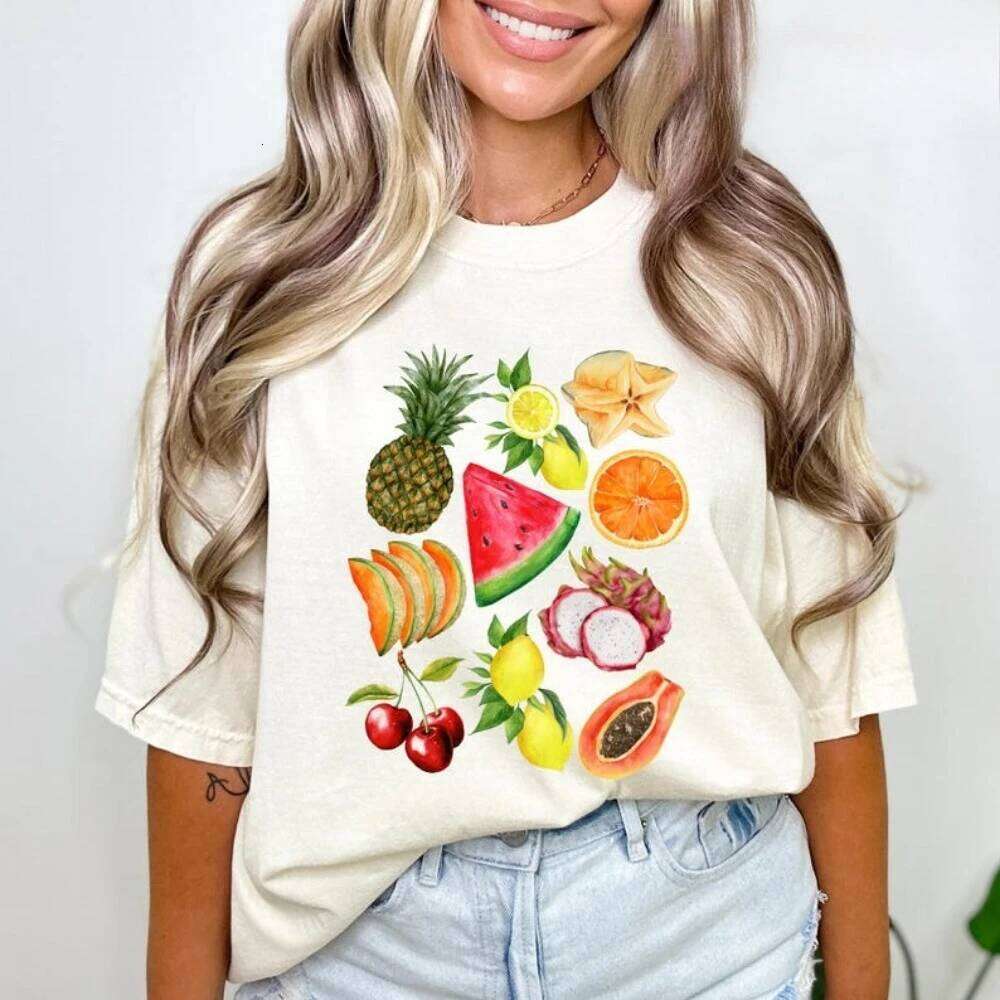 Tropical T-shirt Botanical Summer Tee with Watermelon Papaya Citrus Cottagecore Garden Style Sweatshirt Juicy Fruit Tops Z260312