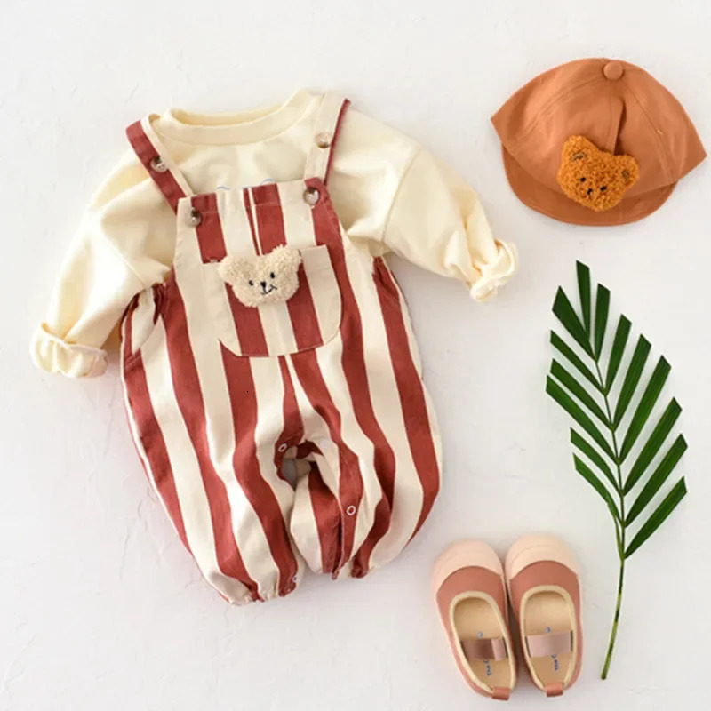 Spring Kids Baby Overalls Striped Letters Boys and Girls Suspenders Pants Big Pocket 03Y Loose Bib Infant Jumpsuit 260311