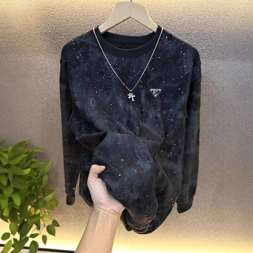 Men's Short 2026 Light Luxury New Trendy Round Neck Long Sleeve Fleece-Lined T-Shirt