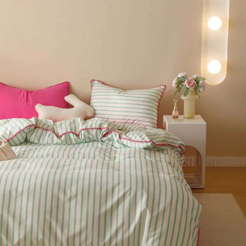 Bedding INS Girls Striped Soft Washed Cotton Sheet Queen King Size Duvet Comforter Set Pillowcase Bed Linens H260312