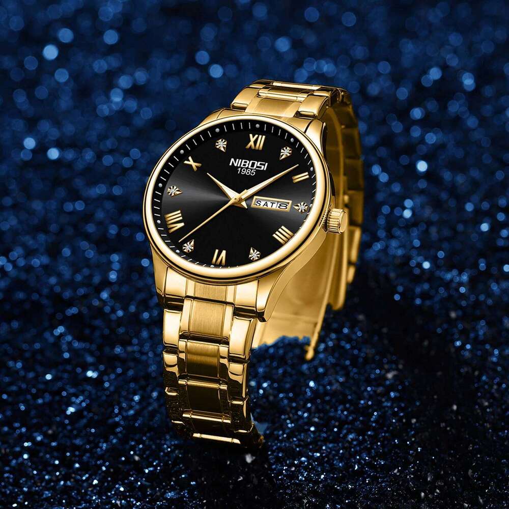 NIBOSI Gold Quartz Watch for Men Top Brand Luxury Week Date Men's Watches Business Waterproof Stainless Steel Sports Wristwatch